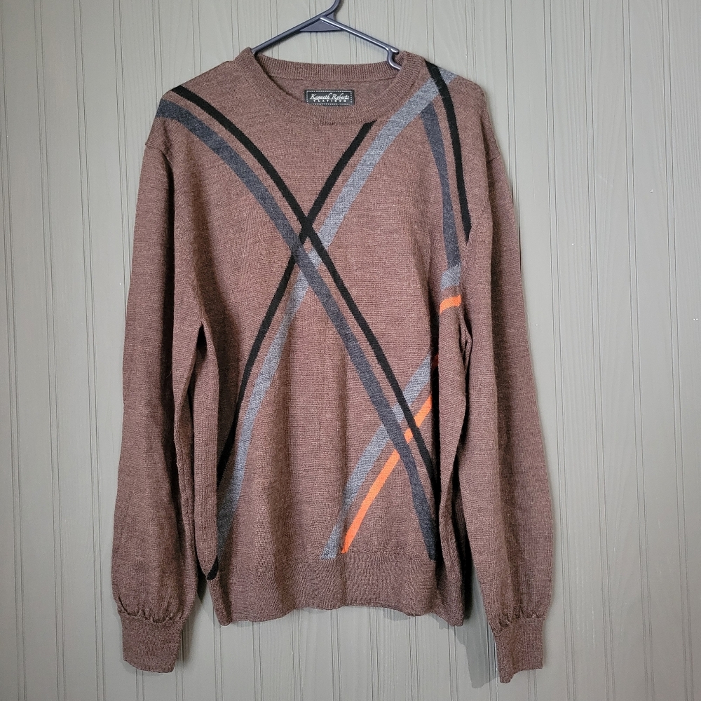 Kenneth Roberts Platinum Sweater 100% Wool Argyle Long Sleeve Brown Men's XL